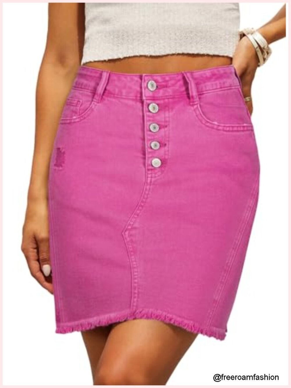 High Waisted Denim Skirt with Frayed Hem, Stretch Jean Mini Skirt